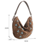 Women's Suede Vegan Leather Studded Hobo Shoulder Bag with Crossbody Strap