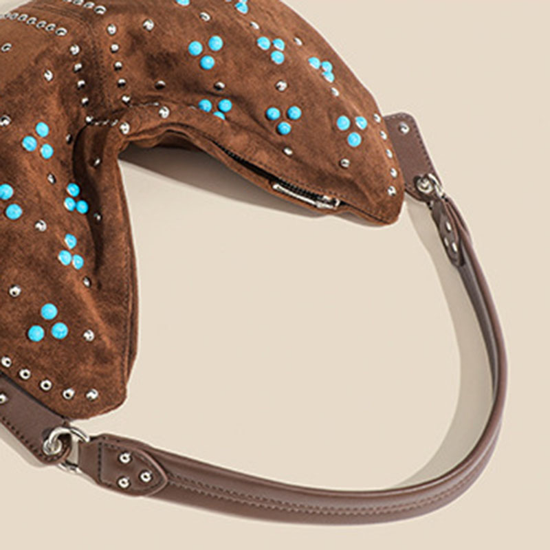 Women's Suede Vegan Leather Studded Hobo Shoulder Bag with Crossbody Strap