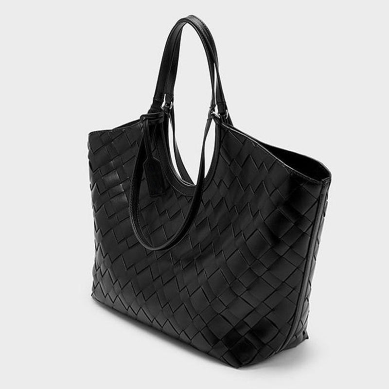 Women's Synthetic Leather Diamond Woven houlder Tote Bag with Magnetic Closure