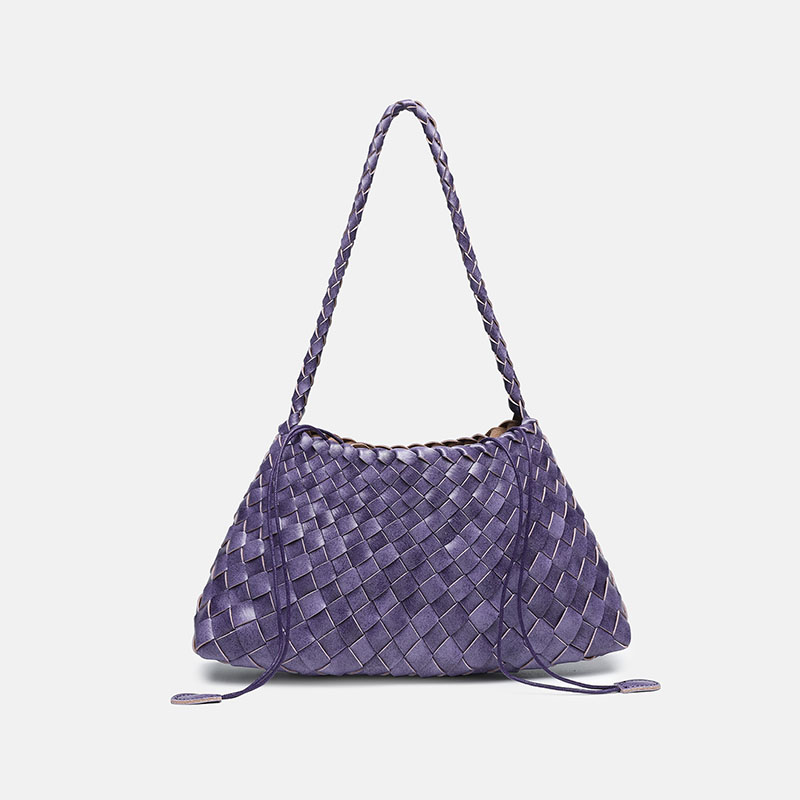 Women's Woven Vegan Leather Shoulder Bag with Inner Drawstring Pouch