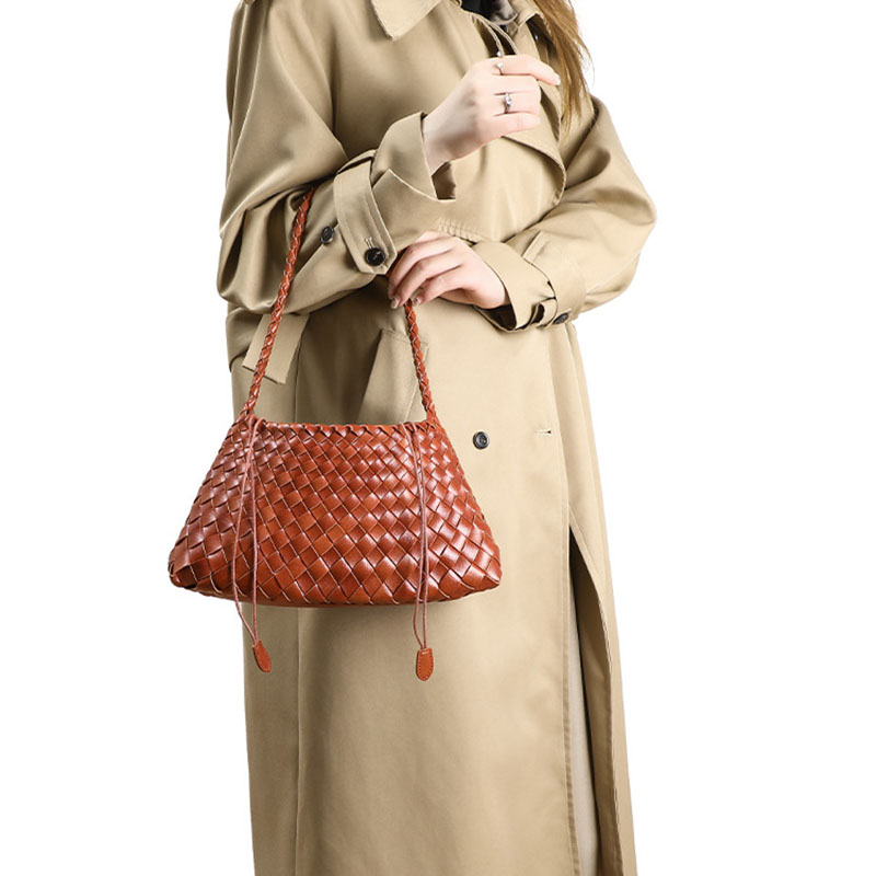 Women's Woven Vegan Leather Shoulder Bag with Inner Drawstring Pouch