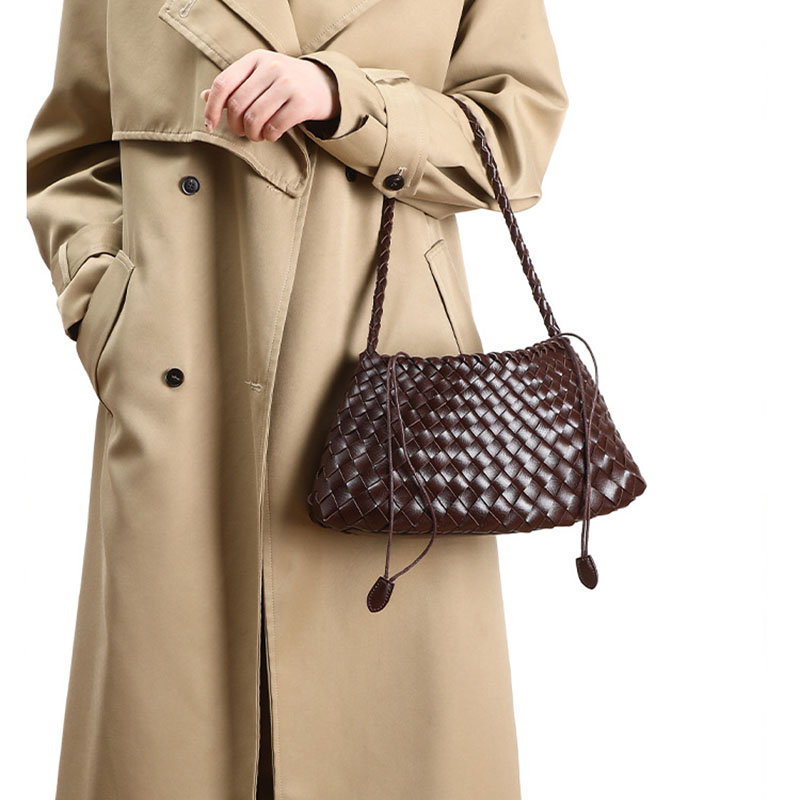Women's Woven Vegan Leather Shoulder Bag with Inner Drawstring Pouch