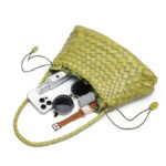 Women's Woven Vegan Leather Shoulder Bag with Inner Drawstring Pouch