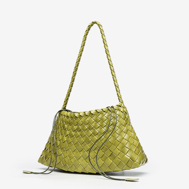 Women's Woven Vegan Leather Shoulder Bag with Inner Drawstring Pouch