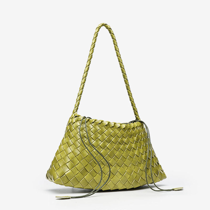 Women's Woven Vegan Leather Shoulder Bag with Inner Drawstring Pouch