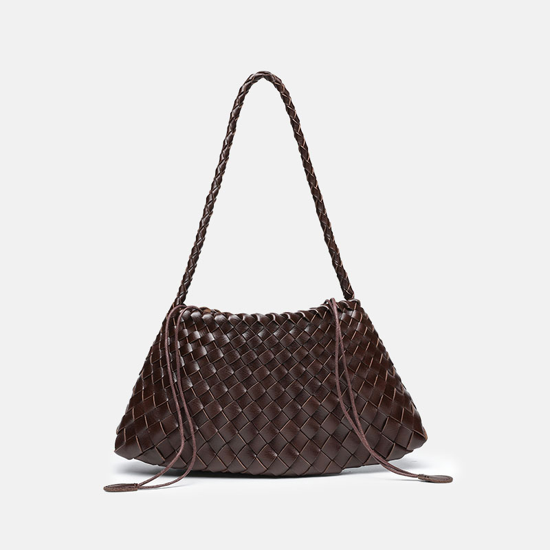Women's Woven Vegan Leather Shoulder Bag with Inner Drawstring Pouch