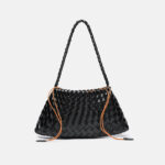 Women's Woven Vegan Leather Shoulder Bag with Inner Drawstring Pouch