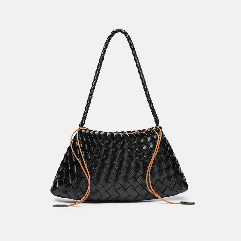 Women's Woven Vegan Leather Shoulder Bag with Inner Drawstring Pouch