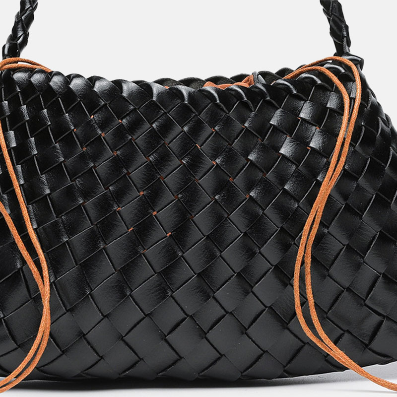 Women's Woven Vegan Leather Shoulder Bag with Inner Drawstring Pouch