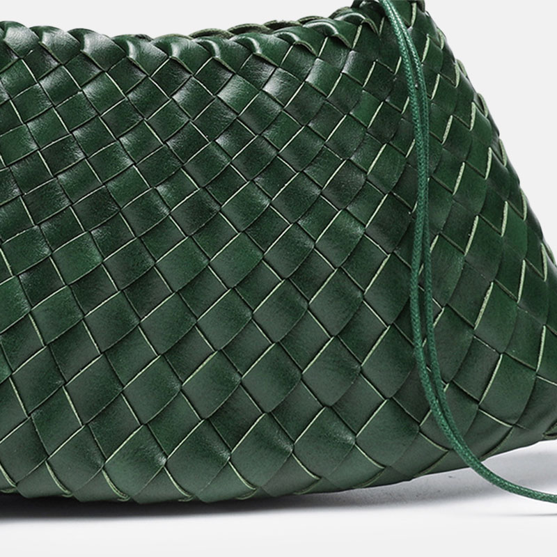 Women's Woven Vegan Leather Shoulder Bag with Inner Drawstring Pouch