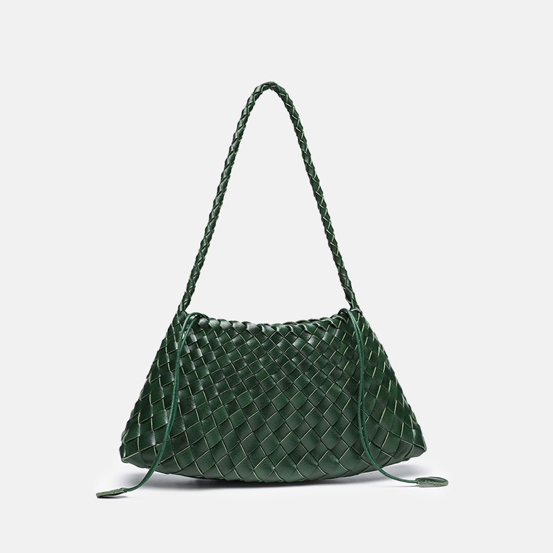 Women's Woven Vegan Leather Shoulder Bag with Inner Drawstring Pouch