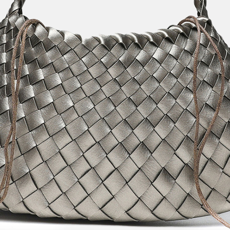Women's Woven Vegan Leather Shoulder Bag with Inner Drawstring Pouch