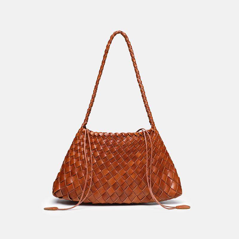 Women's Woven Vegan Leather Shoulder Bag with Inner Drawstring Pouch