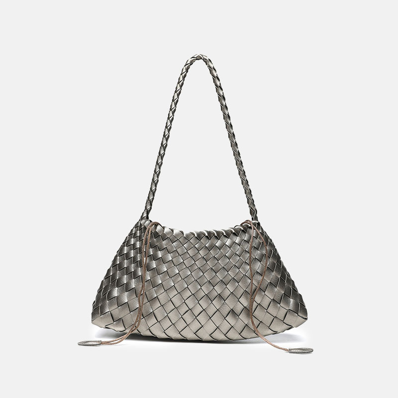 Women's Woven Vegan Leather Shoulder Bag with Inner Drawstring Pouch