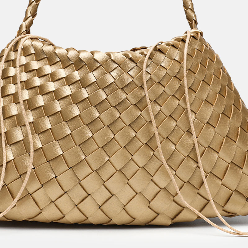 Women's Woven Vegan Leather Shoulder Bag with Inner Drawstring Pouch