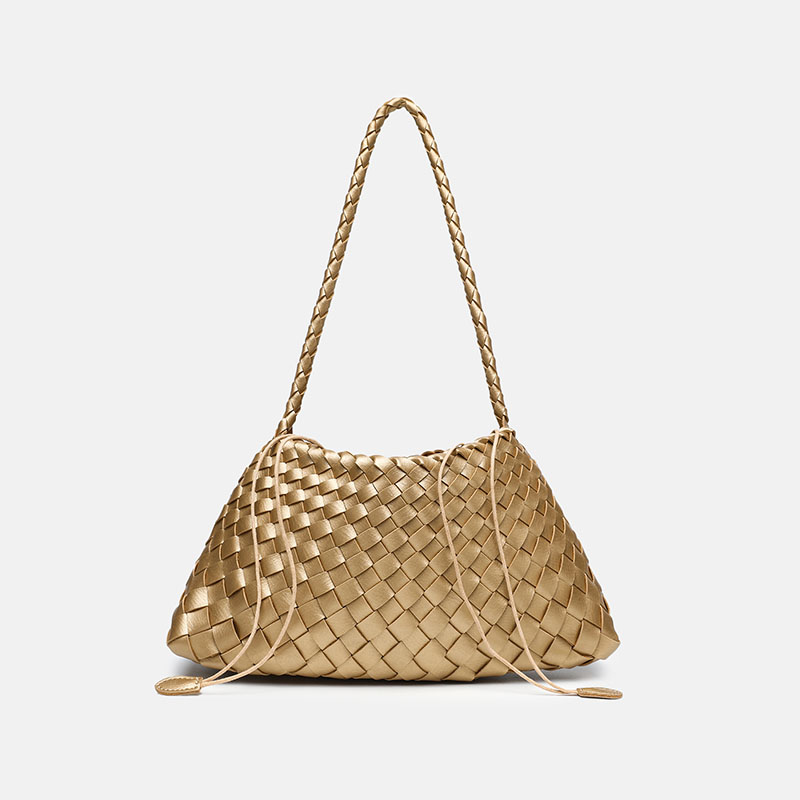 Women's Woven Vegan Leather Shoulder Bag with Inner Drawstring Pouch