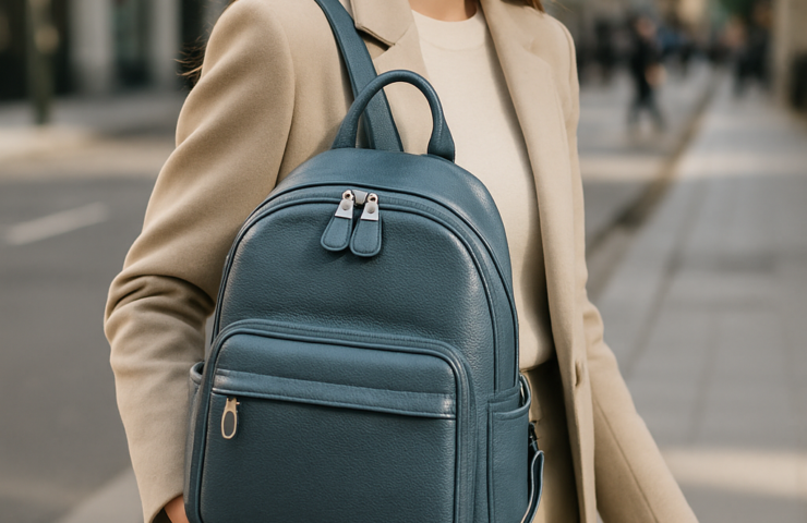 Woman styling a structured leather backpack with a tailored city outfit