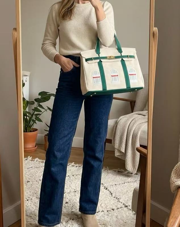 Women's Canvas Embroidered Window Top Handle Tote Bag photo review