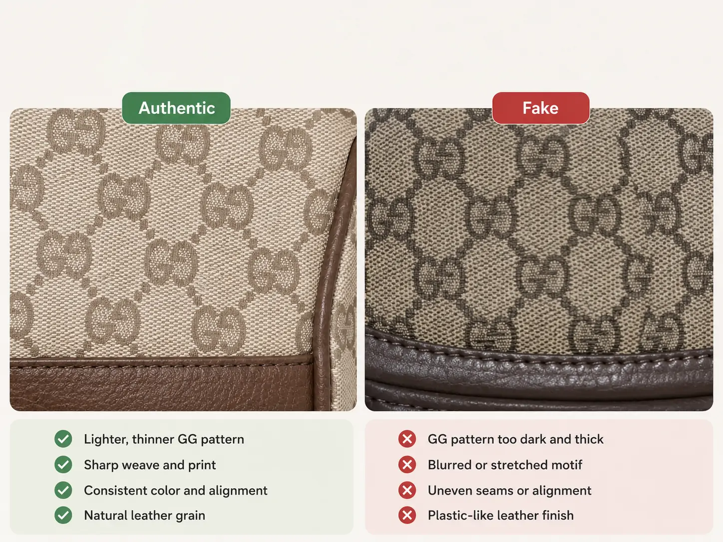 Real vs fake Gucci GG canvas and leather comparison