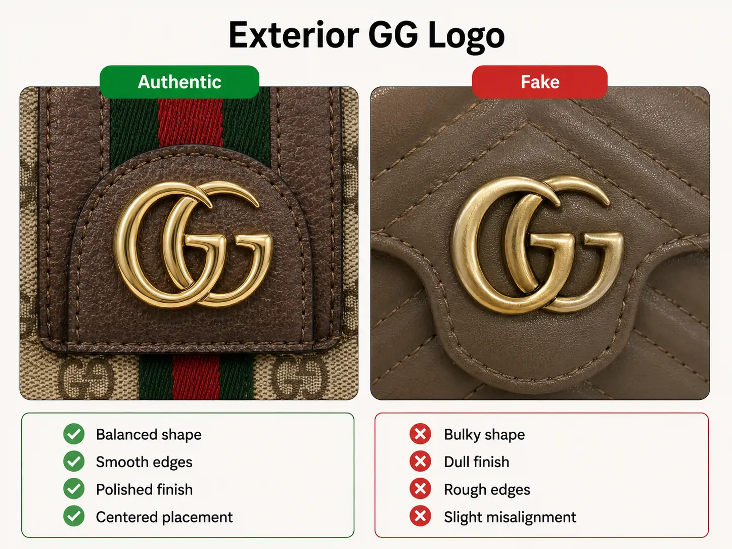 Real vs fake exterior Gucci GG logo comparison