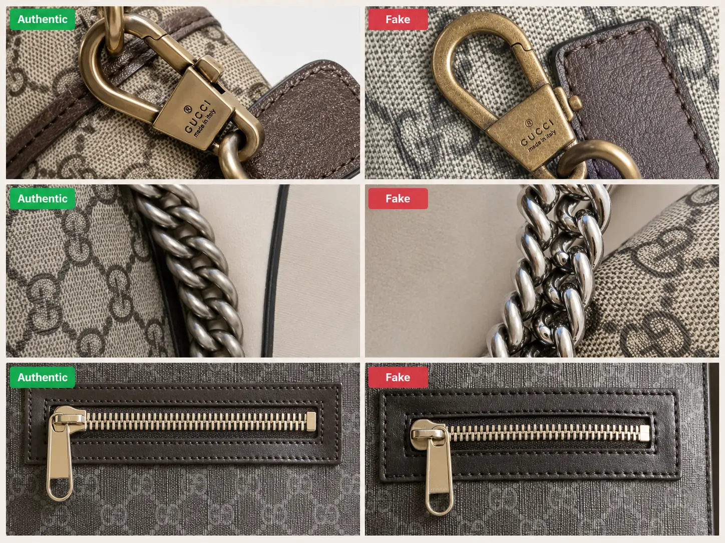 Real vs fake Gucci hardware zipper and chain comparison