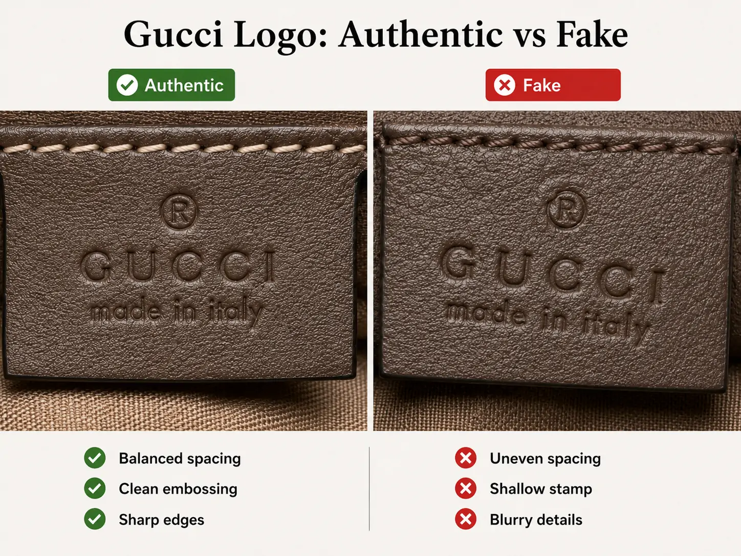Real vs fake Gucci interior leather tag comparison
