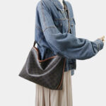 Women's Black Split Leather Printed Crossbody Shoulder Hobo Bag with Small Zipper Pouch