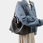 Women's Black Split Leather Printed Crossbody Shoulder Hobo Bag with Small Zipper Pouch