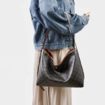 Women's Black Split Leather Printed Crossbody Shoulder Hobo Bag with Small Zipper Pouch