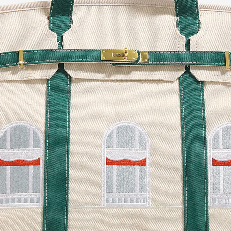 Women's Canvas Embroidered Window Top Handle Tote Bag