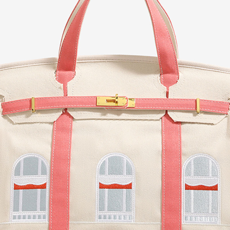 Women's Canvas Embroidered Window Top Handle Tote Bag