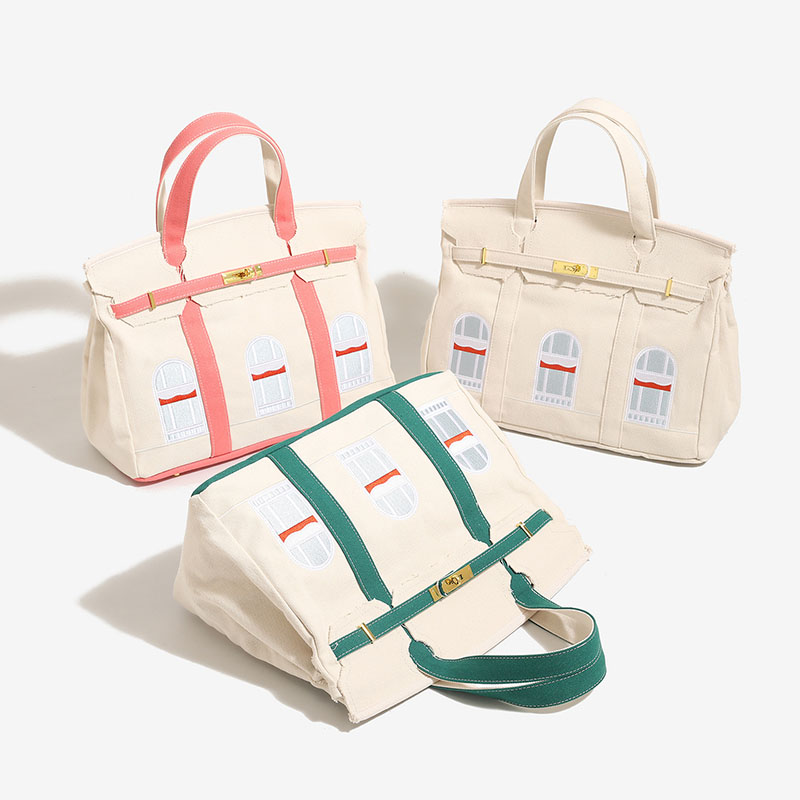 Women's Canvas Embroidered Window Top Handle Tote Bag
