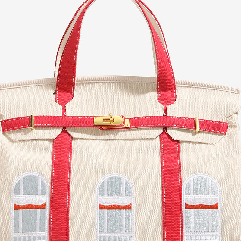 Women's Canvas Embroidered Window Top Handle Tote Bag