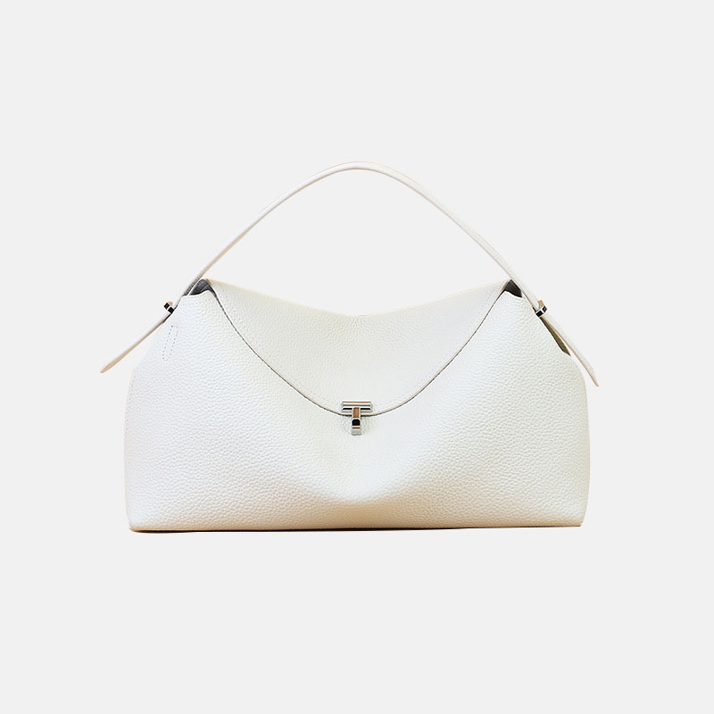 Women's Full-Grain Leather Dumpling-Shaped Flap Lock Top Handle Bag with Crossbody Strap
