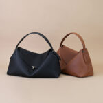 Women's Full-Grain Leather Dumpling-Shaped Flap Lock Top Handle Bag with Crossbody Strap