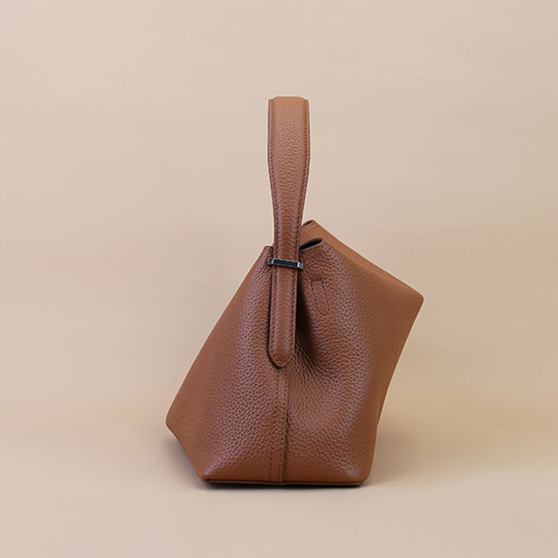 Women's Full-Grain Leather Dumpling-Shaped Flap Lock Top Handle Bag with Crossbody Strap