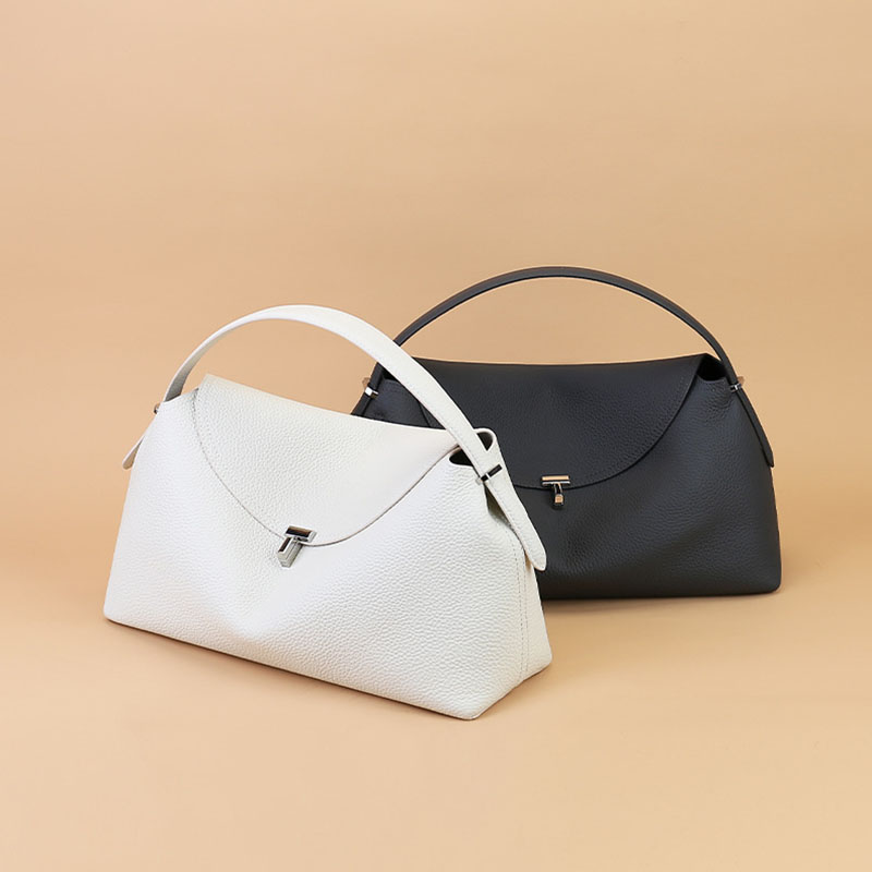 Women's Full-Grain Leather Dumpling-Shaped Flap Lock Top Handle Bag with Crossbody Strap