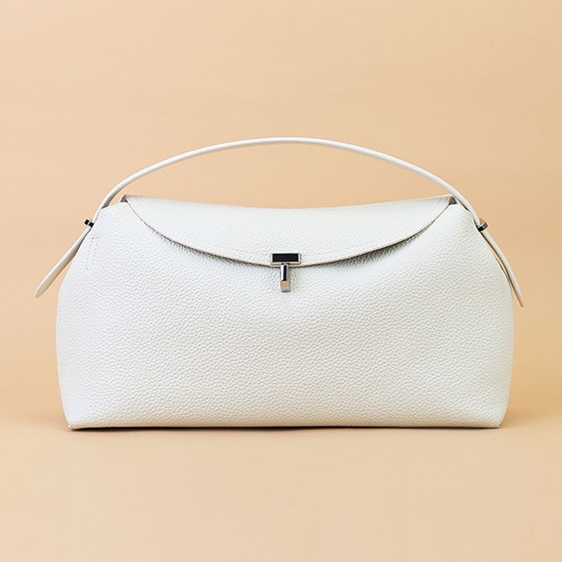 Women's Full-Grain Leather Dumpling-Shaped Flap Lock Top Handle Bag with Crossbody Strap