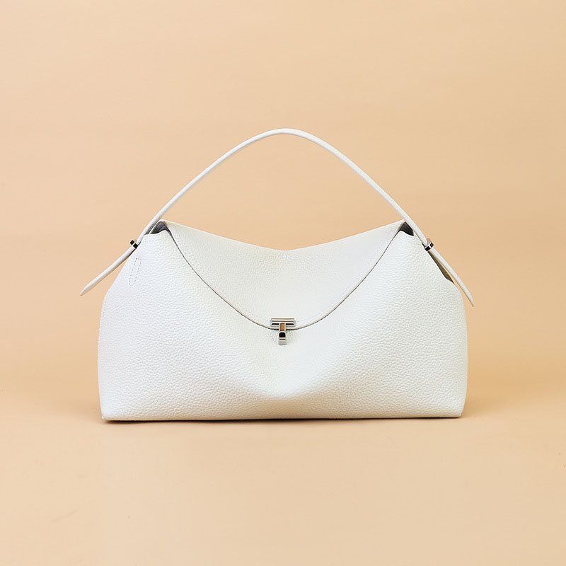 Women's Full-Grain Leather Dumpling-Shaped Flap Lock Top Handle Bag with Crossbody Strap