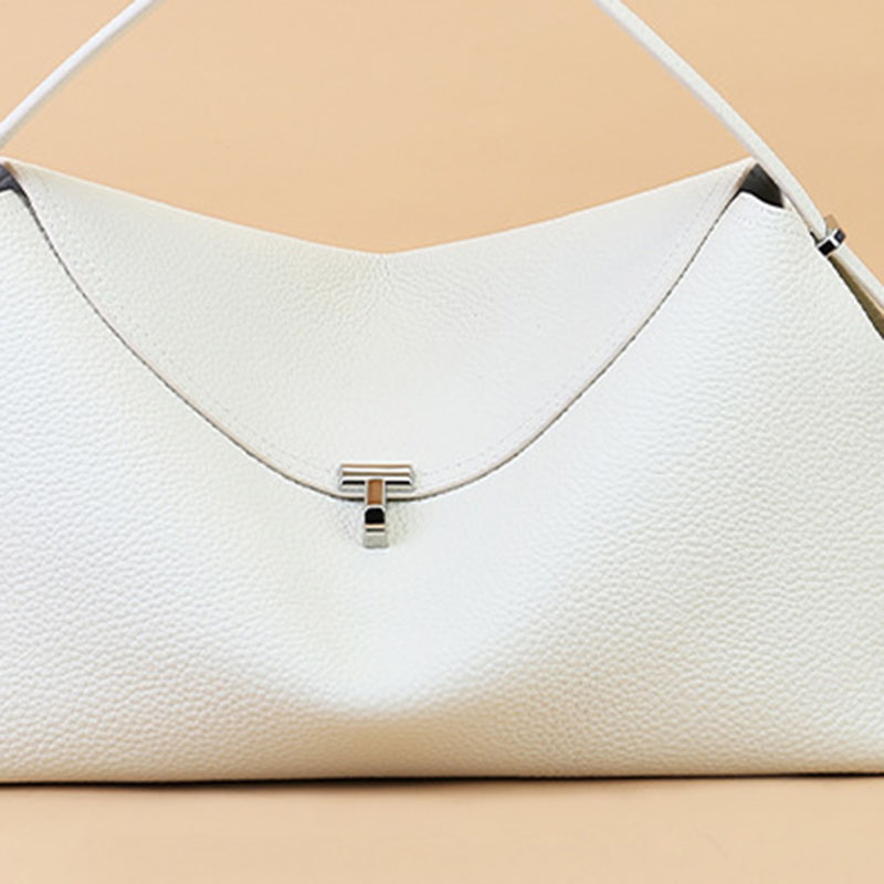 Women's Full-Grain Leather Dumpling-Shaped Flap Lock Top Handle Bag with Crossbody Strap