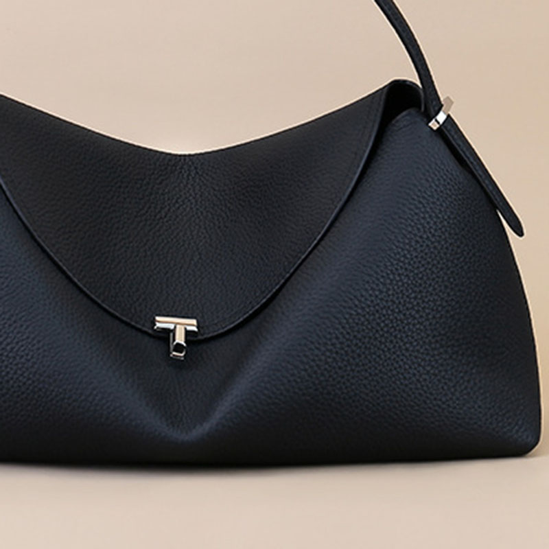 Women's Full-Grain Leather Dumpling-Shaped Flap Lock Top Handle Bag with Crossbody Strap