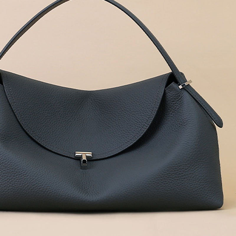 Women's Full-Grain Leather Dumpling-Shaped Flap Lock Top Handle Bag with Crossbody Strap