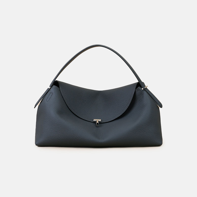 Women's Full-Grain Leather Dumpling-Shaped Flap Lock Top Handle Bag with Crossbody Strap