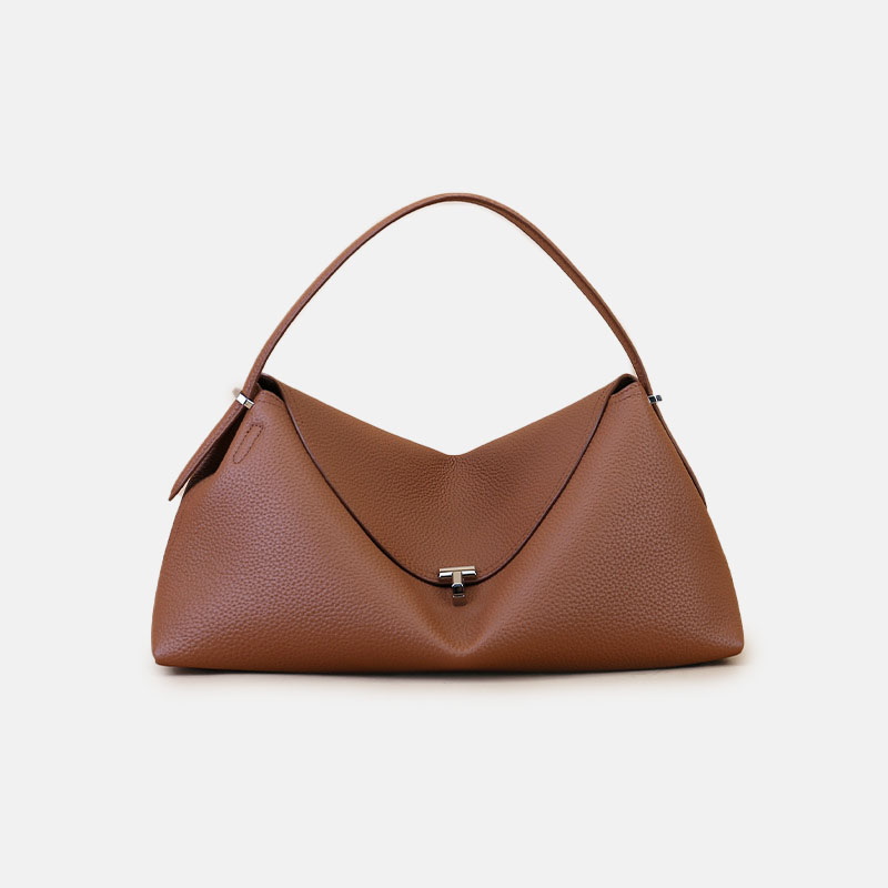 Women's Full-Grain Leather Dumpling-Shaped Flap Lock Top Handle Bag with Crossbody Strap