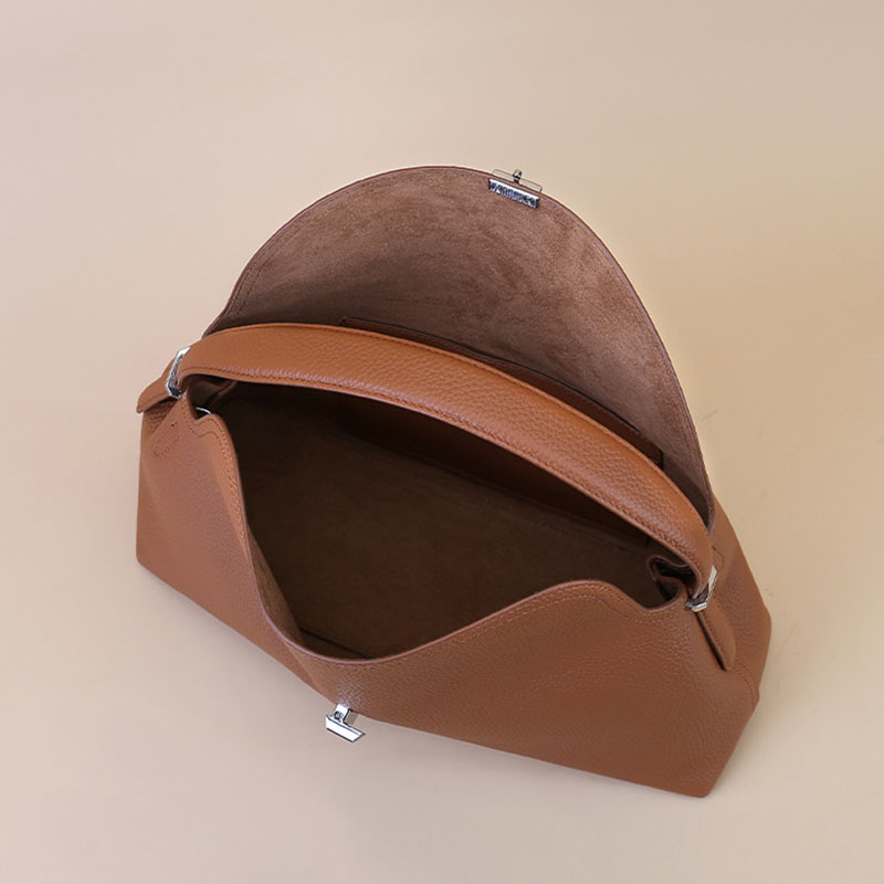 Women's Full-Grain Leather Dumpling-Shaped Flap Lock Top Handle Bag with Crossbody Strap