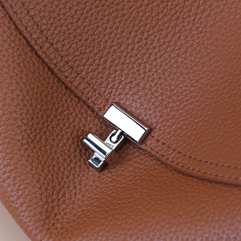 Women's Full-Grain Leather Dumpling-Shaped Flap Lock Top Handle Bag with Crossbody Strap