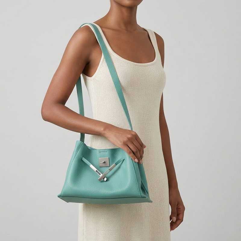 Women's Full-Grain Leather Textured Lock Detail Shoulder Hobo Bag