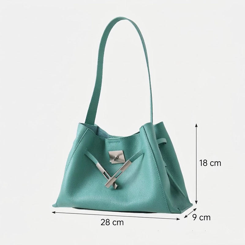 Women's Full-Grain Leather Textured Lock Detail Shoulder Hobo Bag