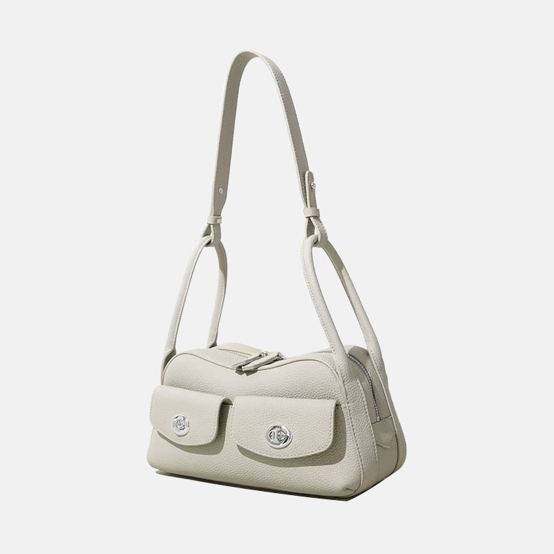 Sac à main à bandoulière en cuir pleine fleur avec poches frontales à double boucle pour femmes