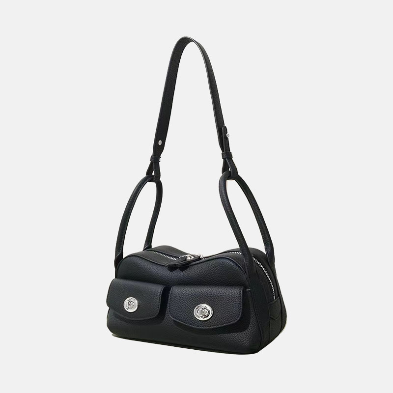 Sac à main à bandoulière en cuir pleine fleur avec poches frontales à double boucle pour femmes